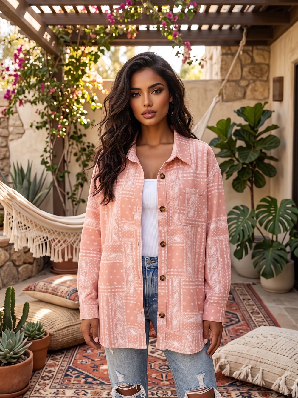 B800. Stylish Pink Paisley Print Button Up Shacket